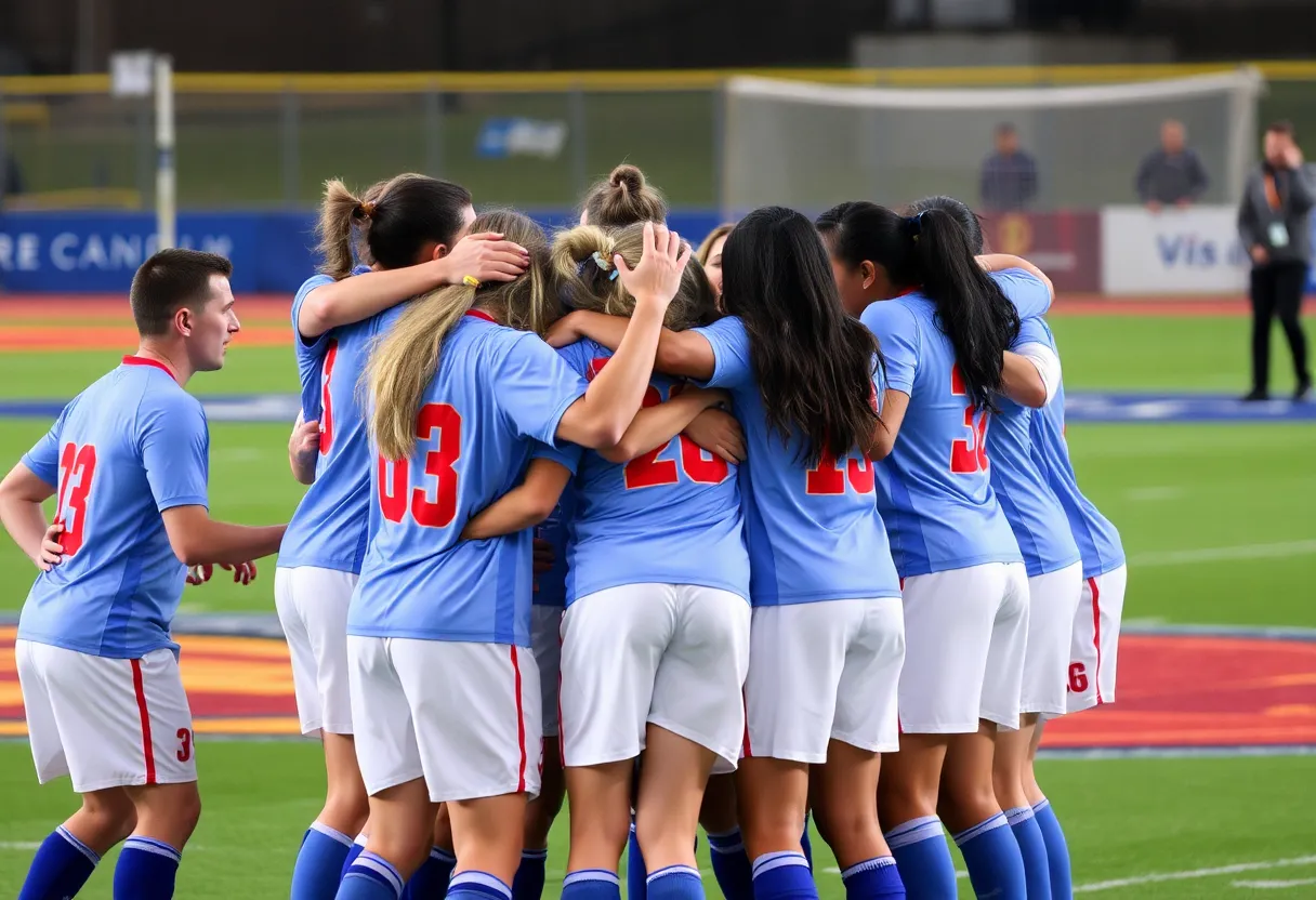 Celebratory team huddle after a championship victory