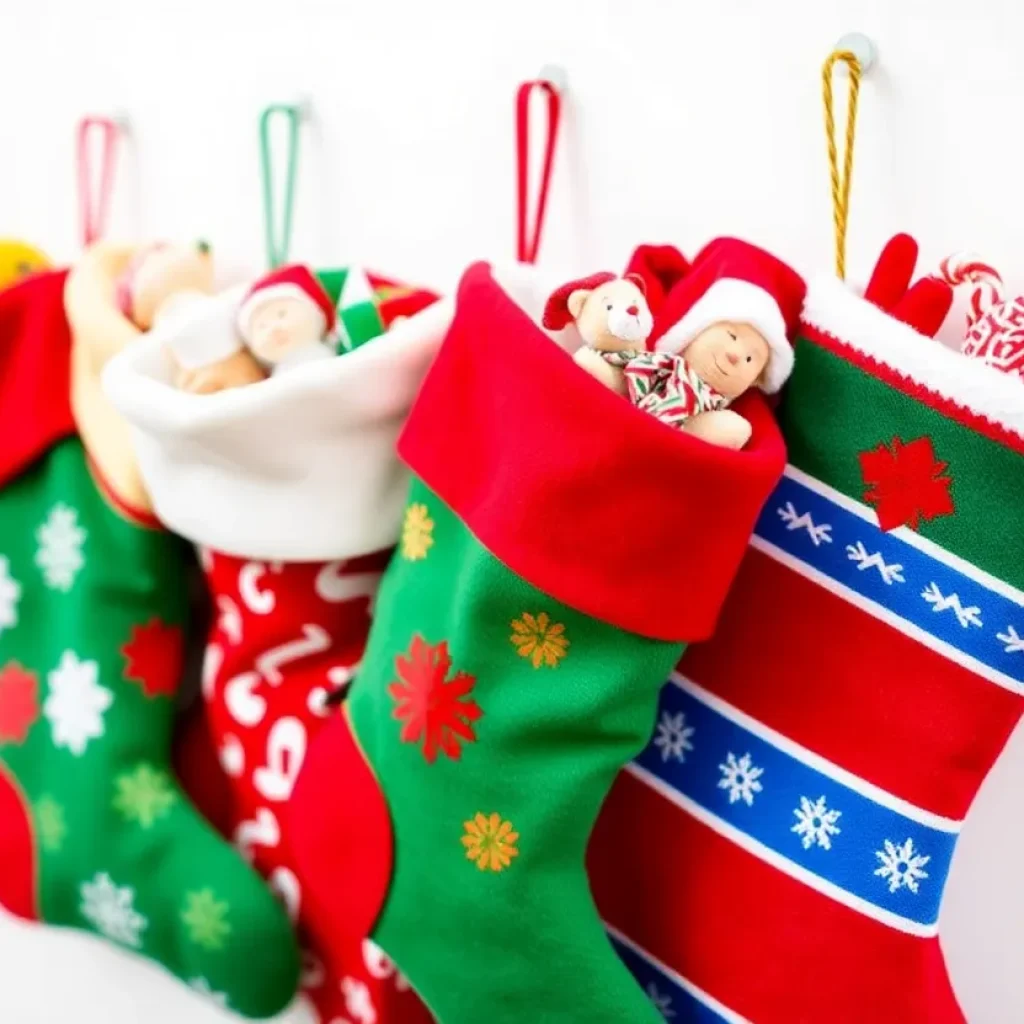 Colorful holiday stockings filled with care and joy.