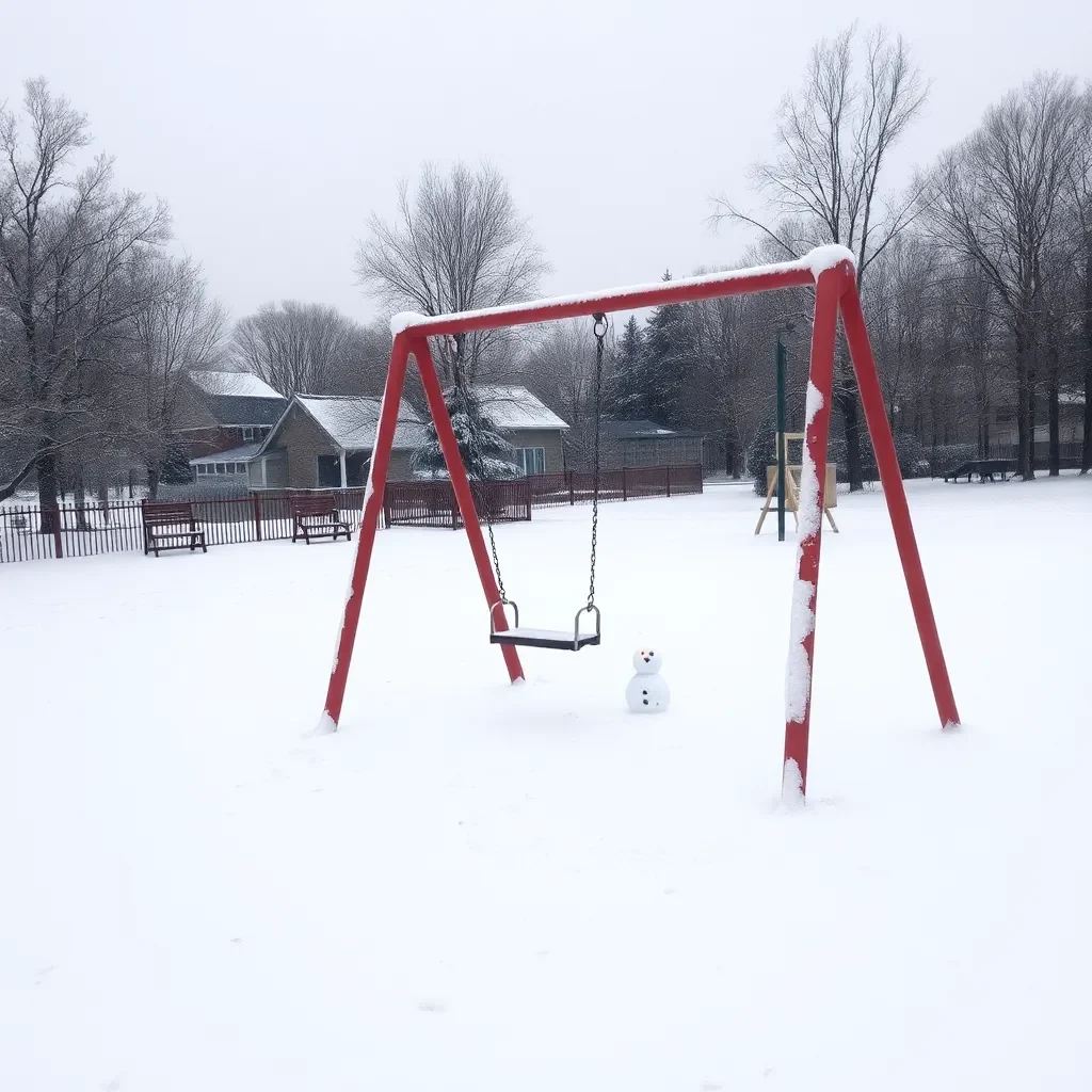 Snow-covered playground with empty swings and snowman.