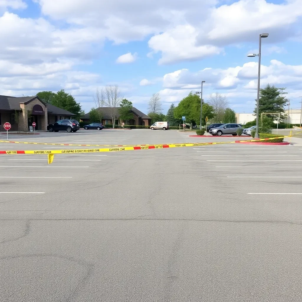 Empty parking lot with police tape and caution signs.