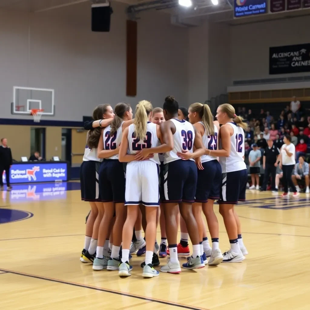 Team huddle celebrating victory on the basketball court.