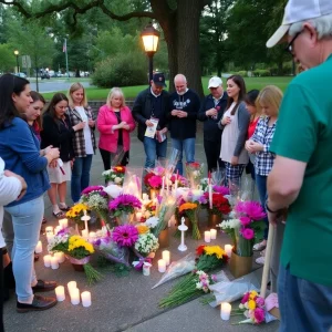 Community vigil with candles and flowers at park entrance.