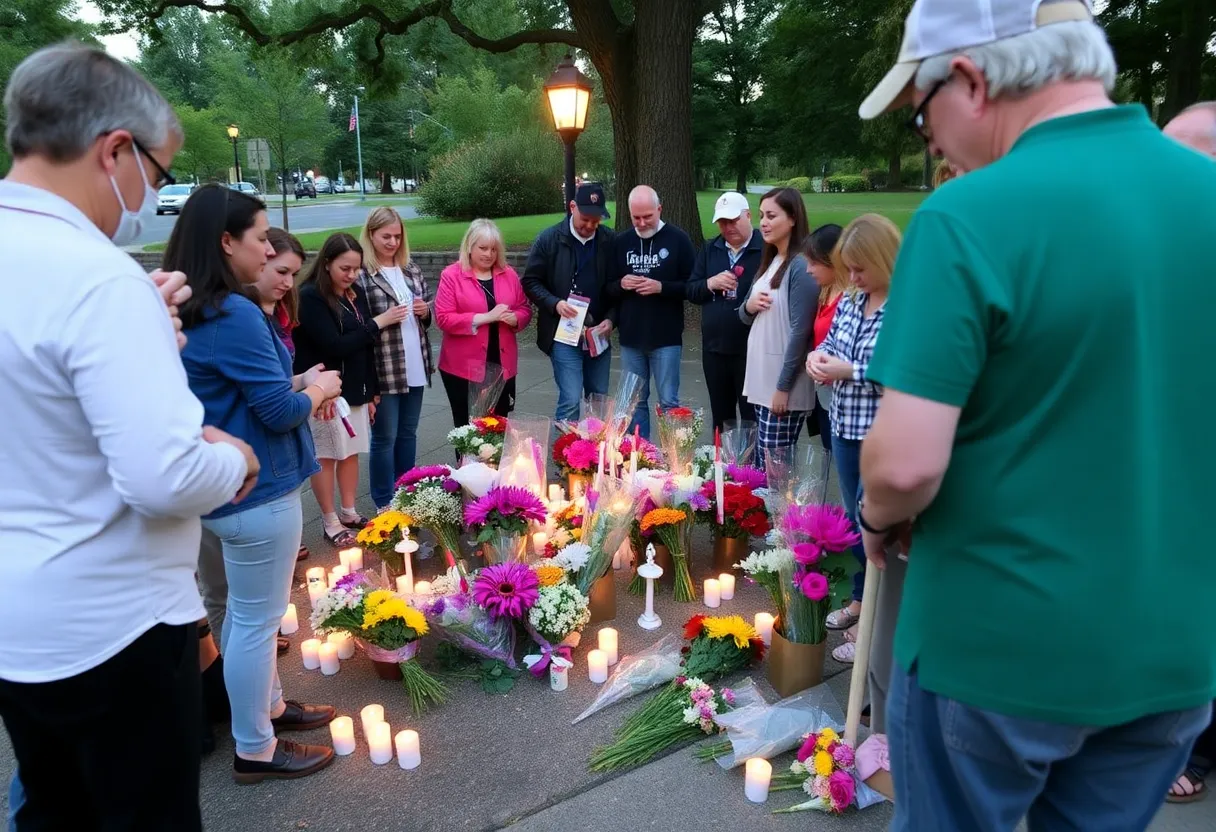 Community vigil with candles and flowers at park entrance.