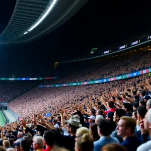 Cheering crowd in a stadium during a football game.