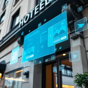 Hotel building encircled by digital booking interfaces representing OTAs