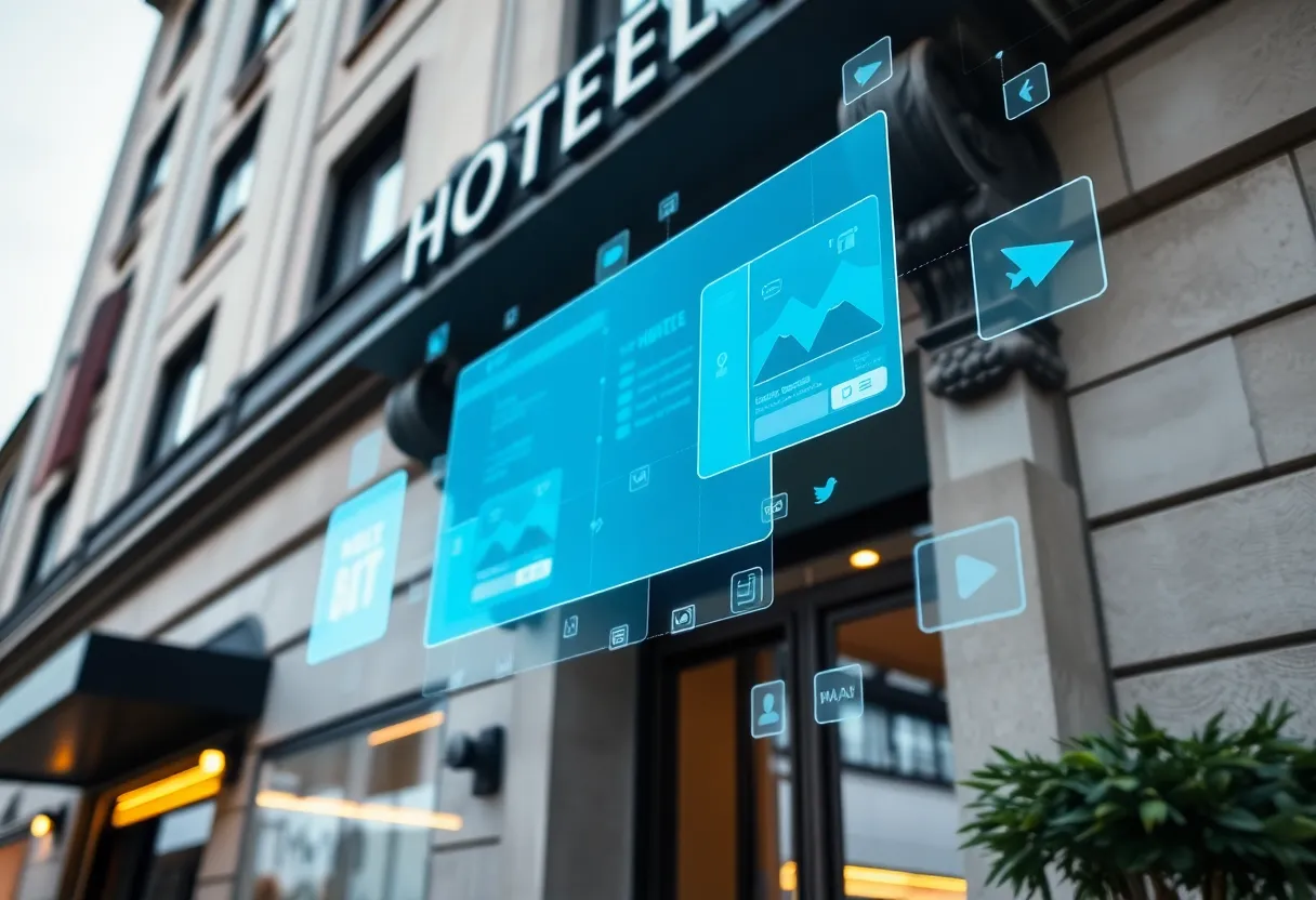 Hotel building encircled by digital booking interfaces representing OTAs