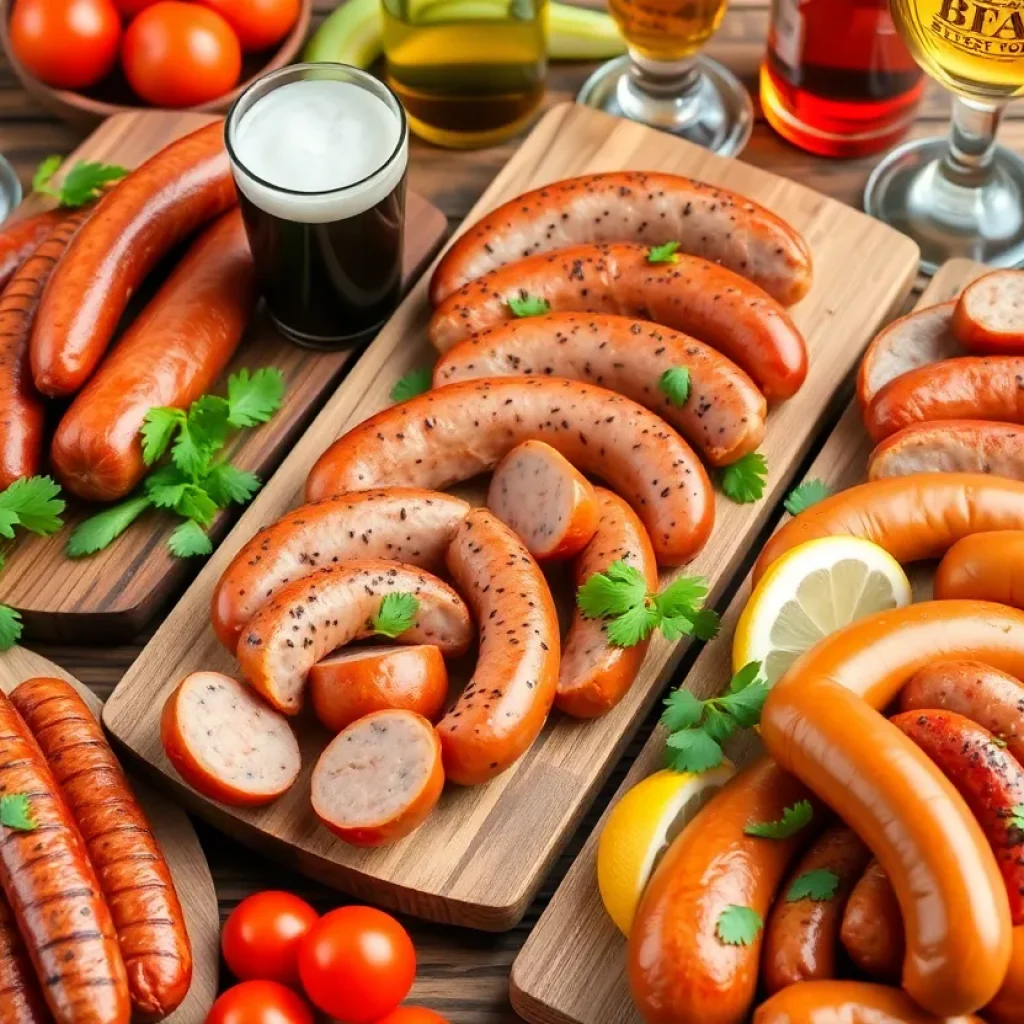 Various bratwursts served with side dishes in Charlotte restaurants