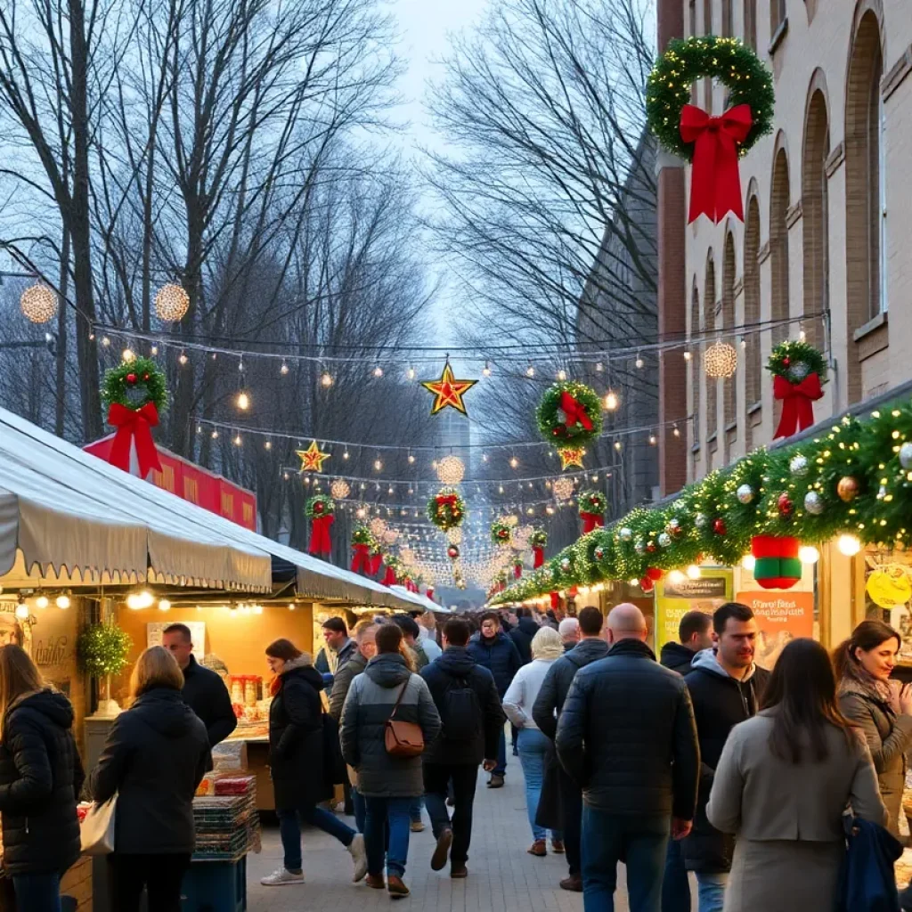 Crowd at Charlotte Holiday Market with festive decorations and local vendors