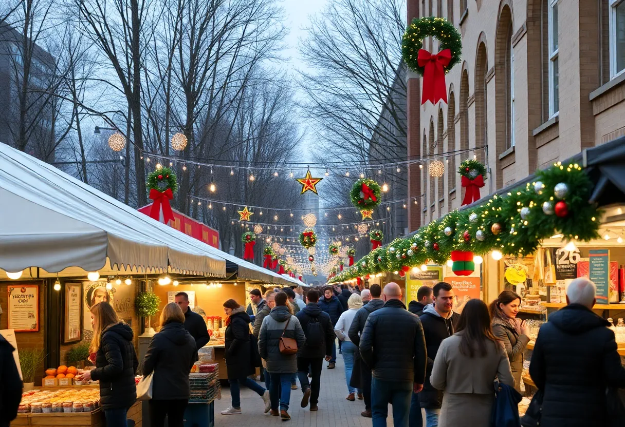 Crowd at Charlotte Holiday Market with festive decorations and local vendors