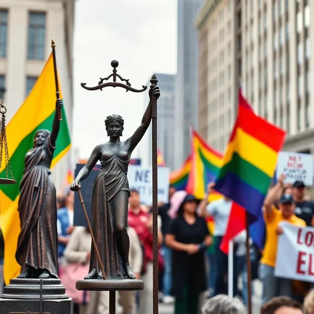 Abstract depiction of civil rights activism and symbols of equality.