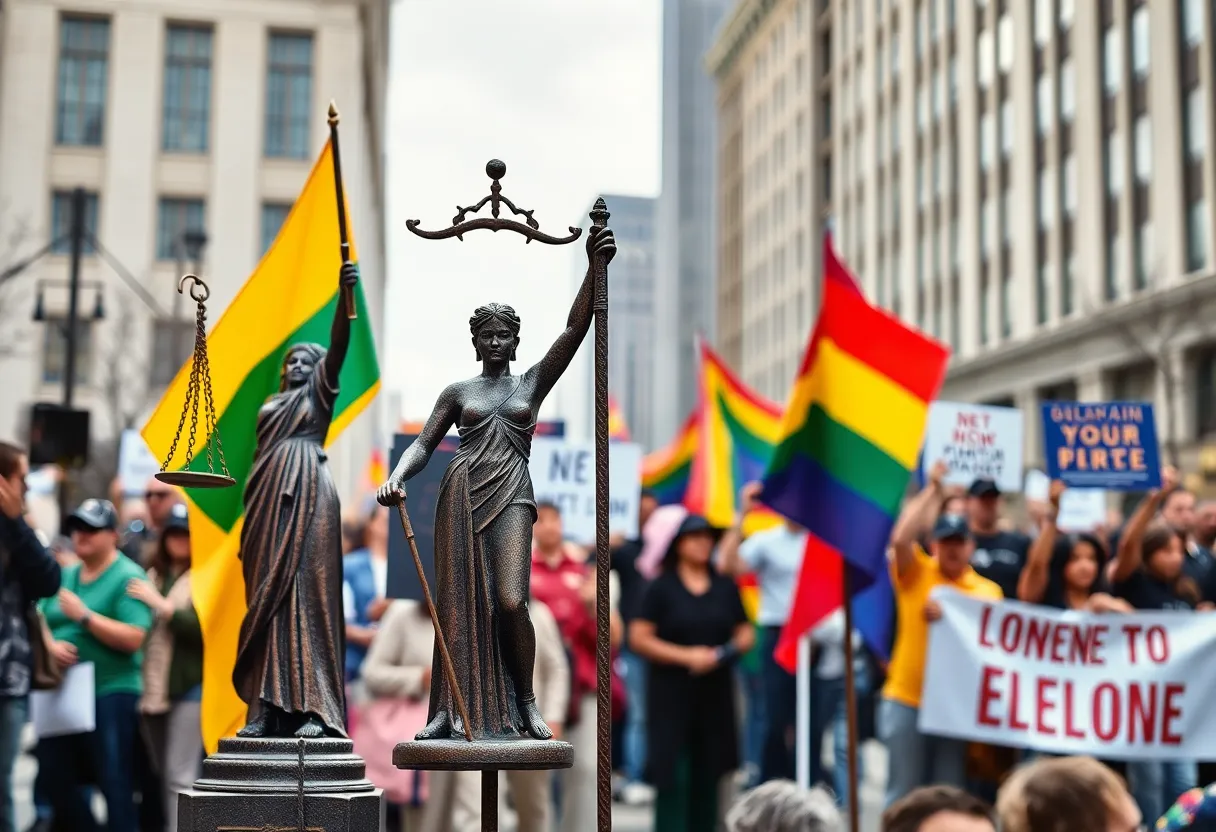 Abstract depiction of civil rights activism and symbols of equality.