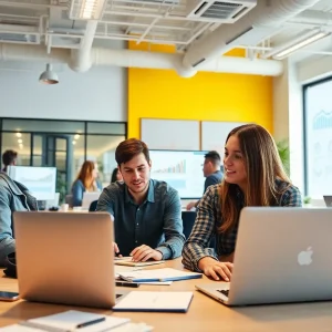 Professionals collaborating in a digital marketing office