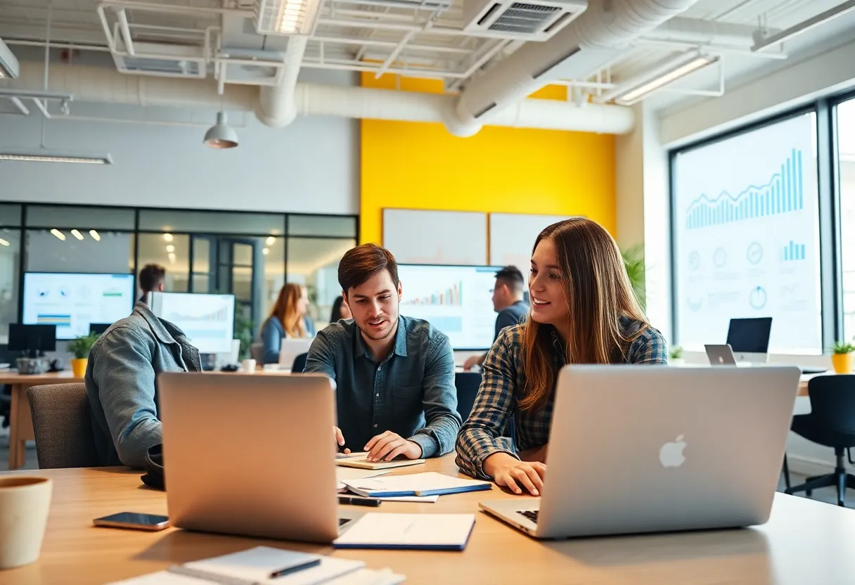 Professionals collaborating in a digital marketing office