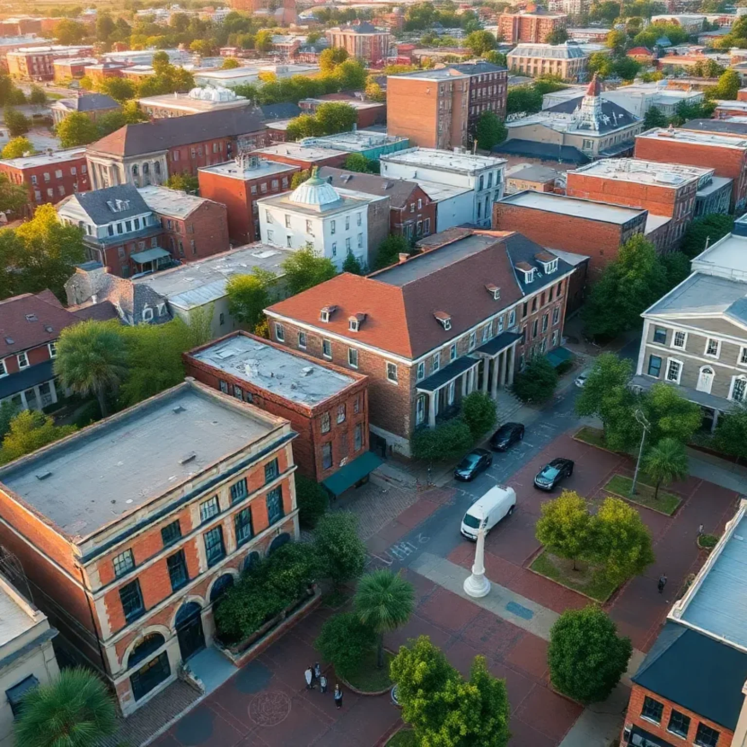 Aerial view of revitalized community in South Carolina with historic buildings and green spaces