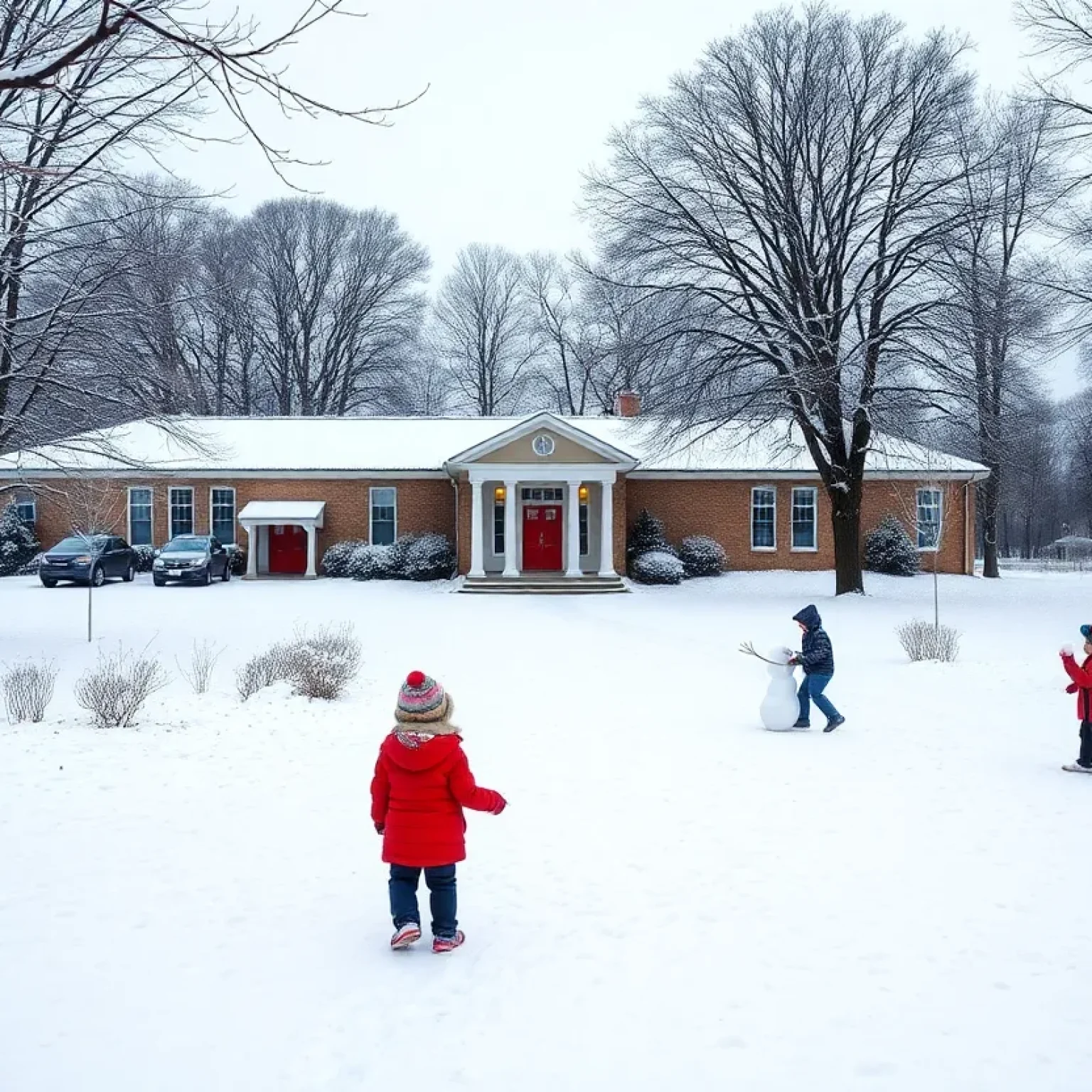 Kids playing in the snow in Fort Mill with a school building in the background