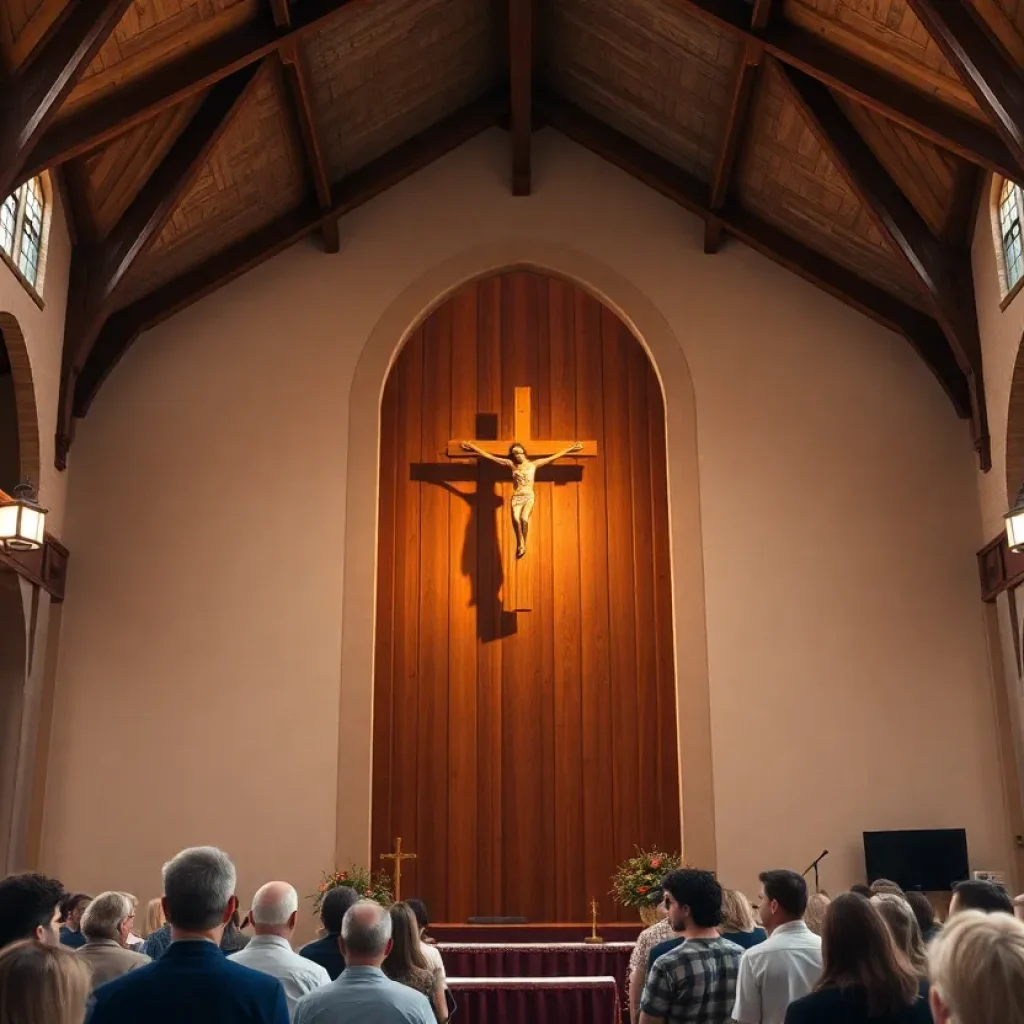 Interior of a historic church with a wooden cross and gathering of people