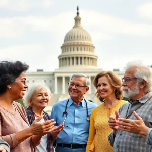 Diverse seniors discussing healthcare with a view of the Capitol