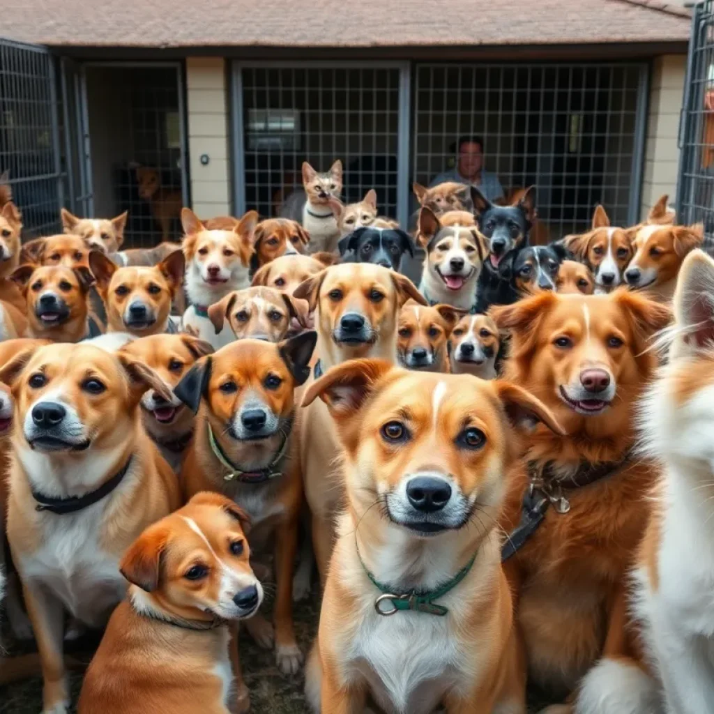 Crowded animal shelter with multiple dogs and cats needing homes