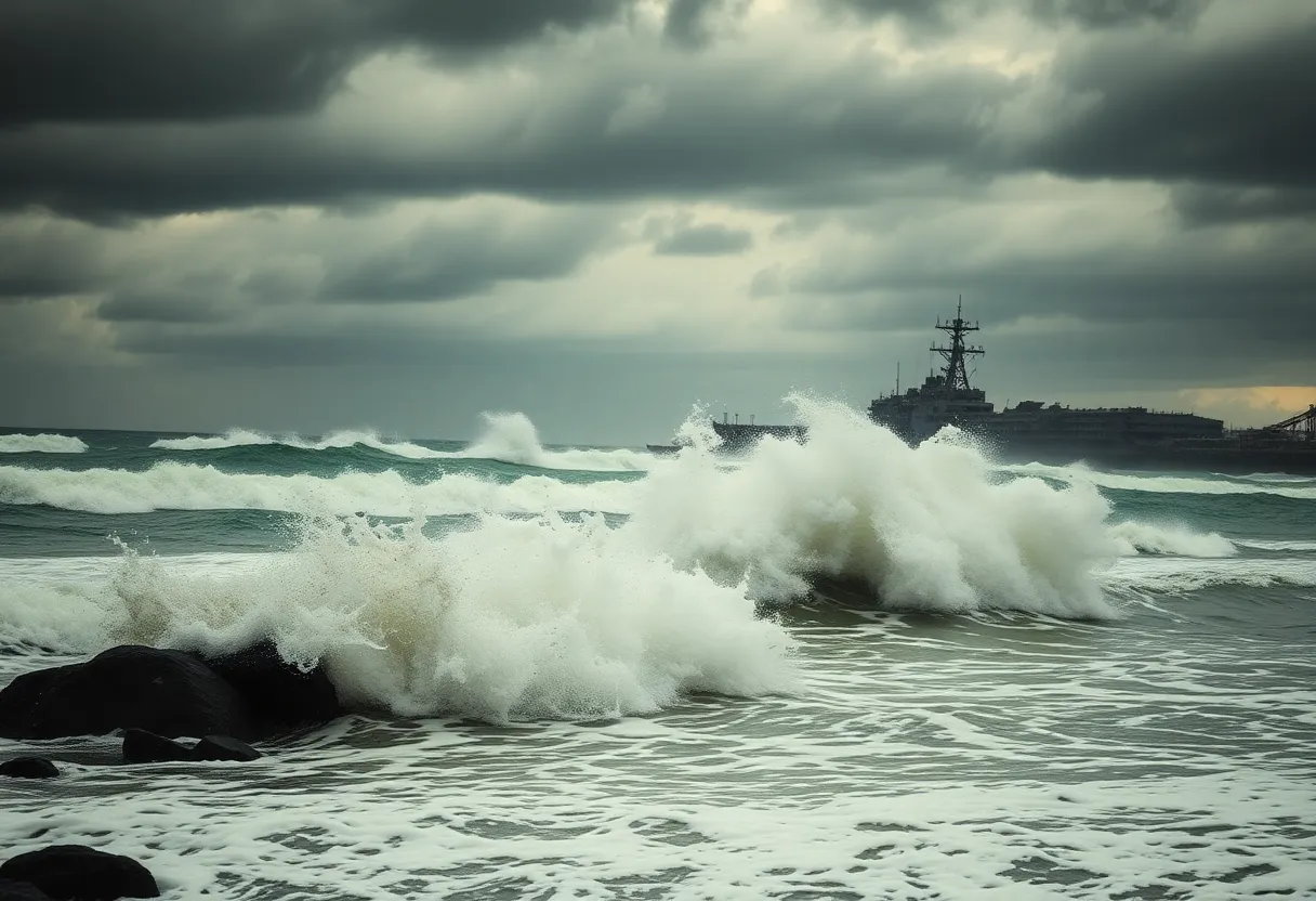 High waves crashing into a military base