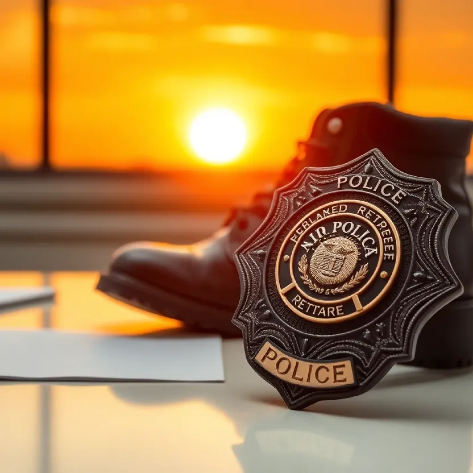 Police badge and duty boots symbolizing retirement