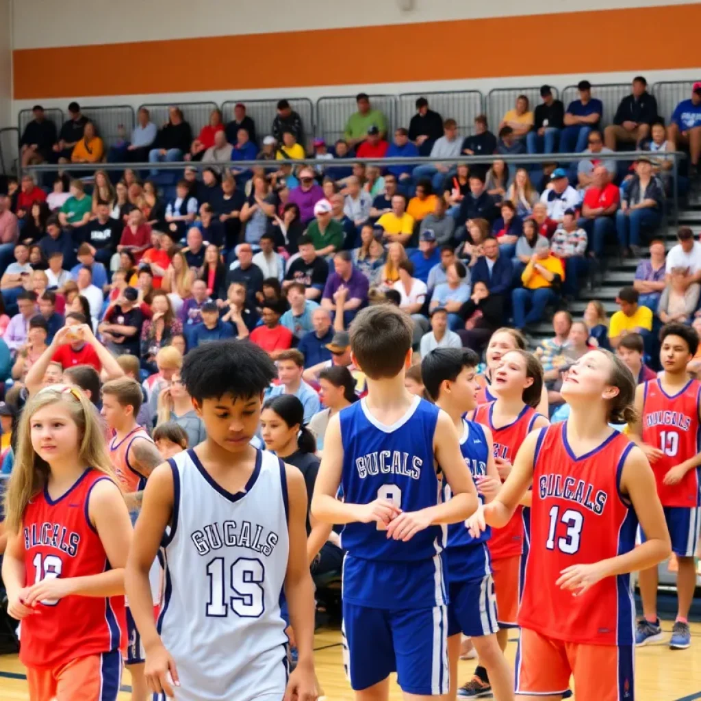 High school basketball game with cheering fans and players