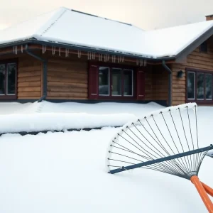 A house with roof ice dams, depicting snow accumulation and winter landscape.