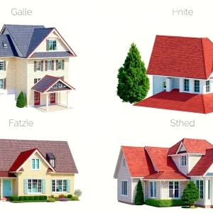 A collage displaying different types of roofs including gable, hip, flat, shed, and mansard roofs.