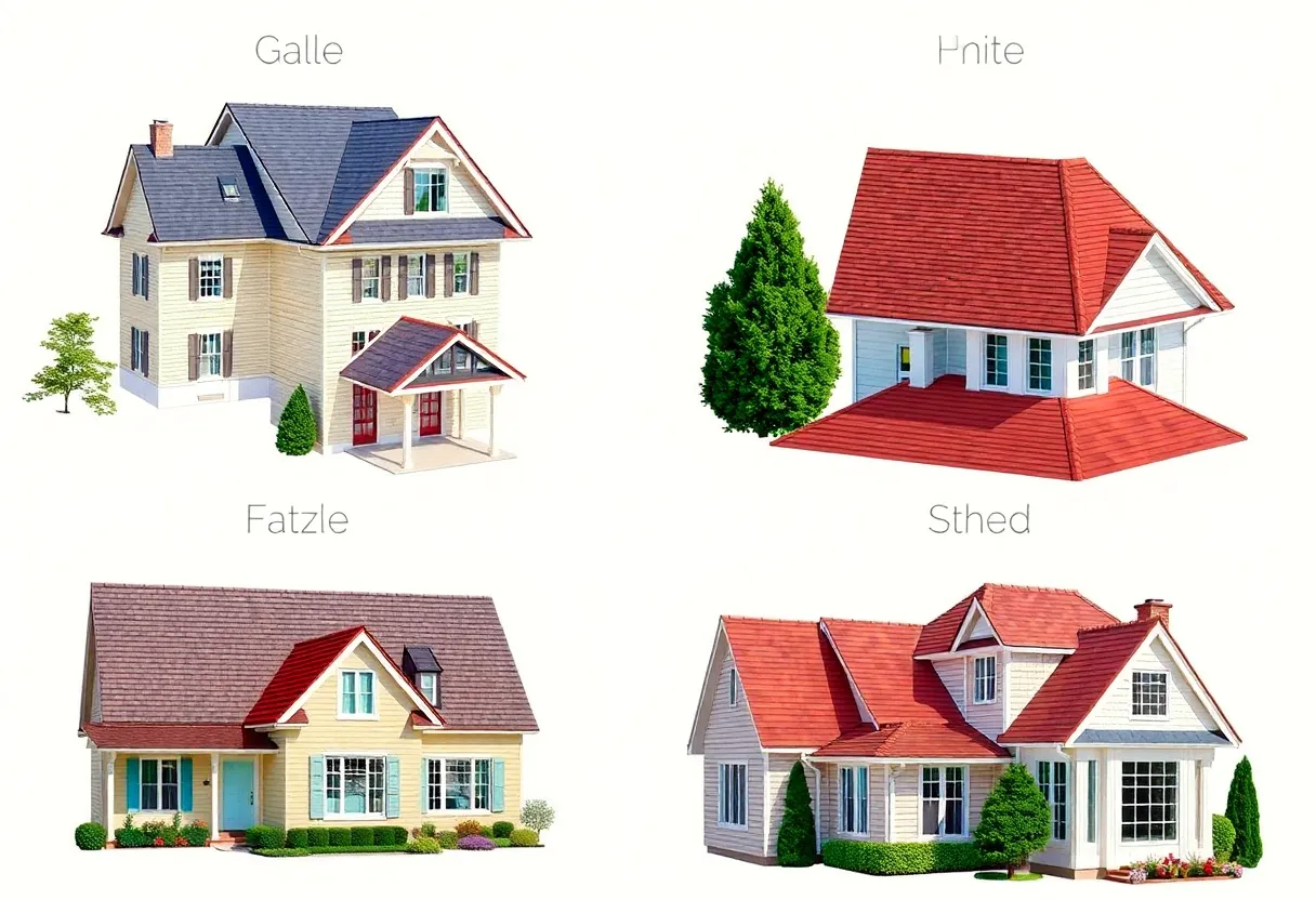 A collage displaying different types of roofs including gable, hip, flat, shed, and mansard roofs.