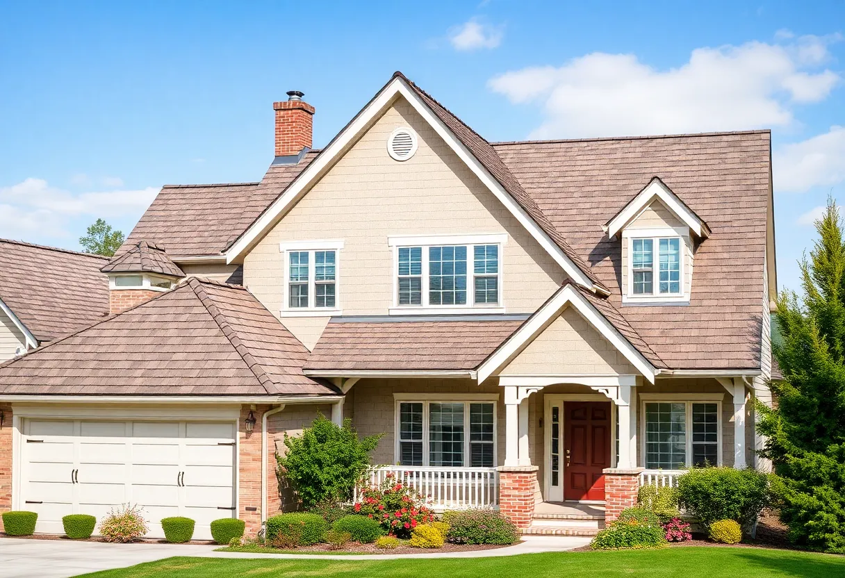 Different types of roofing systems displayed on homes.