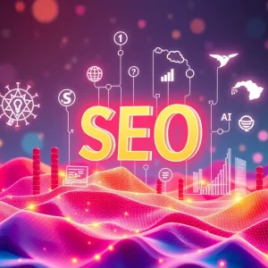 Digital landscape depicting SEO trends for 2025 with AI and social media elements.