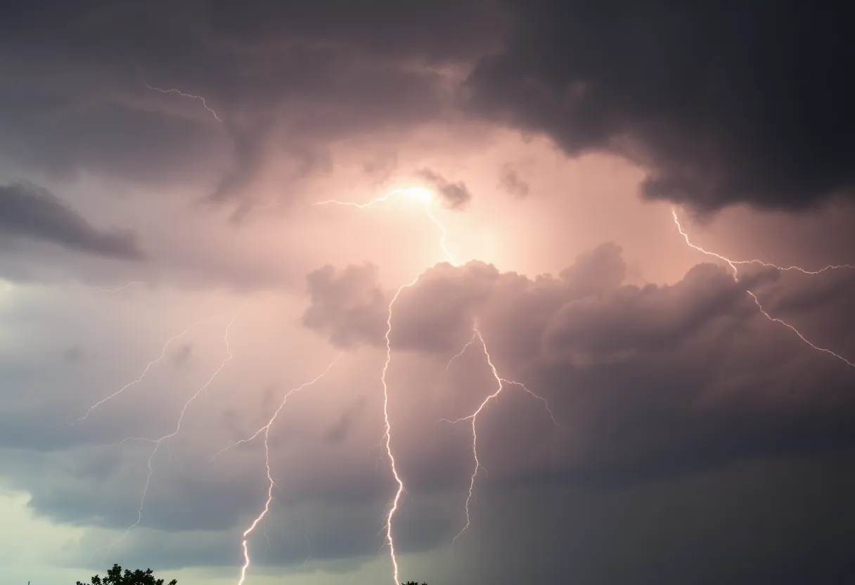 Dark storm clouds over Charlotte with rain and lightning