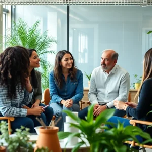 Marketers discussing sustainability in the office