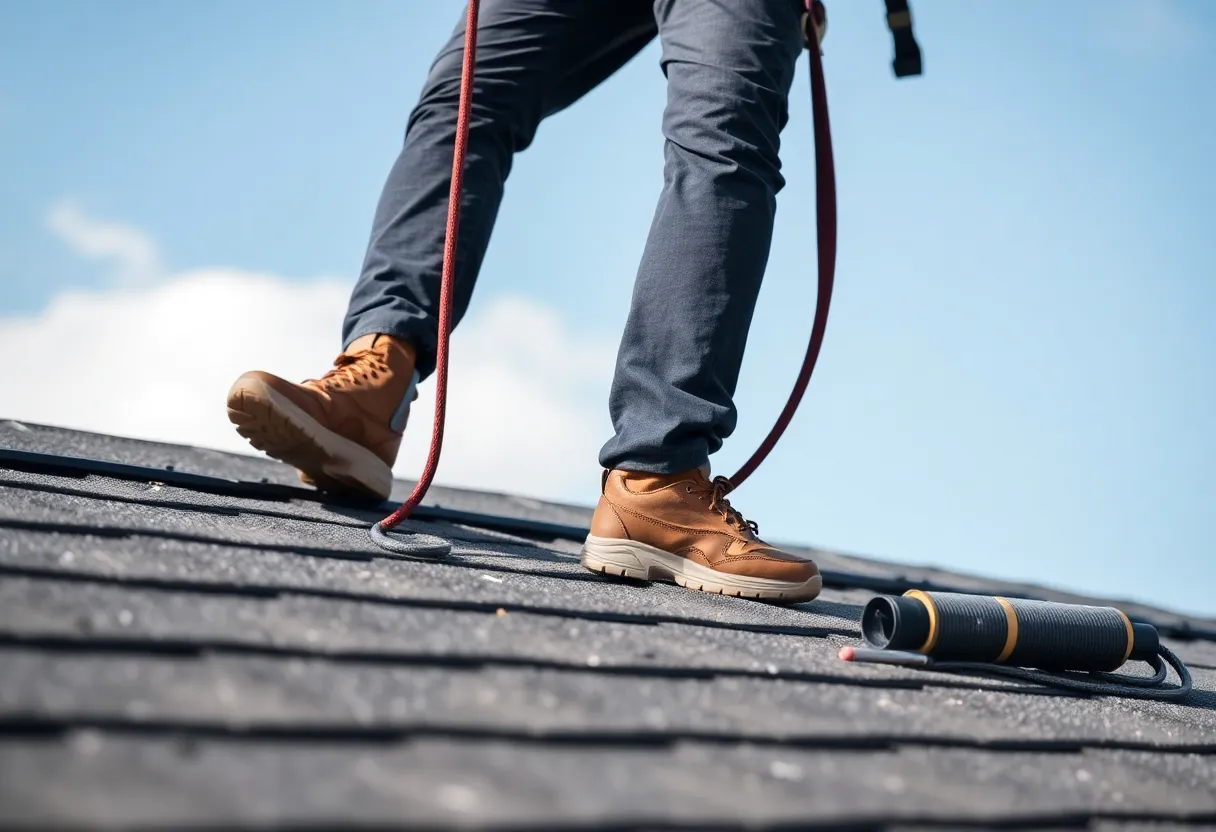 Person working on a sloped roof with safety harness