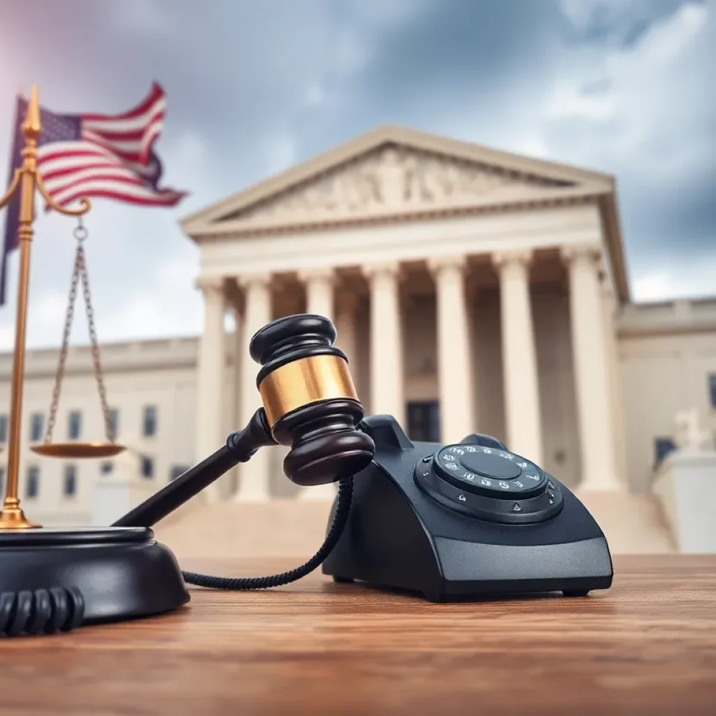 Representation of justice and politics with gavel and telephone