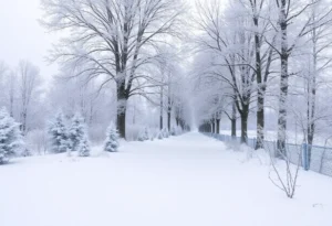 Winter landscape illustrating an Arctic outbreak with snow-covered trees and a frigid environment.