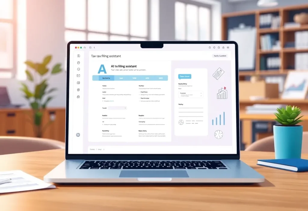 Illustration of BanditAI tax filing assistant interface on a laptop.