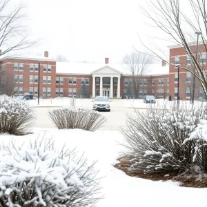 Snow-covered school buildings in Charlotte during winter weather