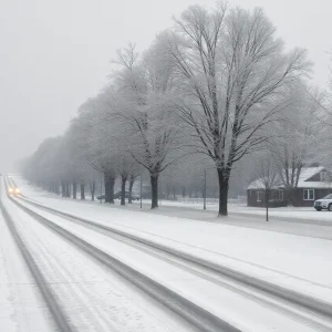 Snow-covered trees and icy roads in Charlotte during a winter storm.