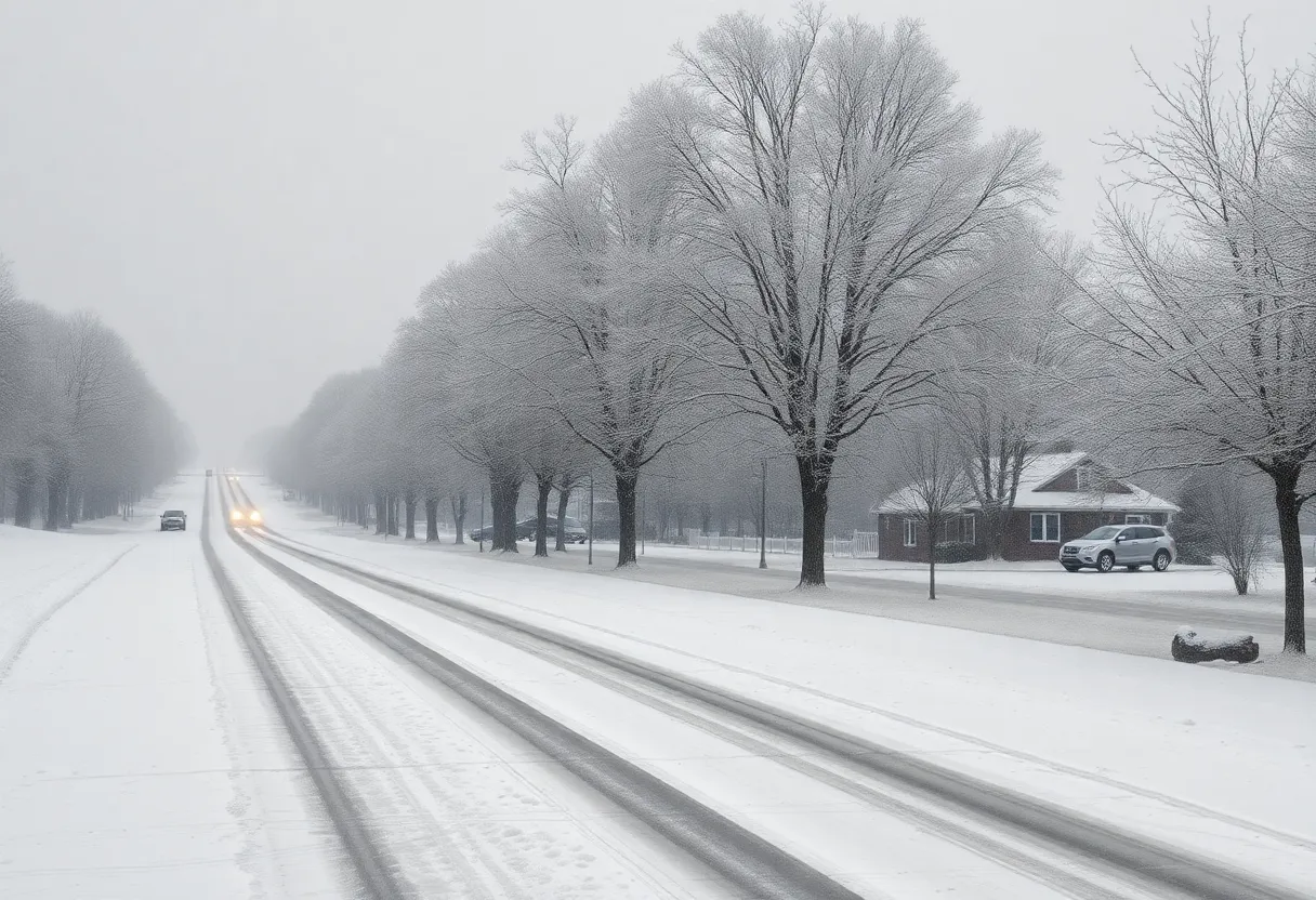 Snow-covered trees and icy roads in Charlotte during a winter storm.