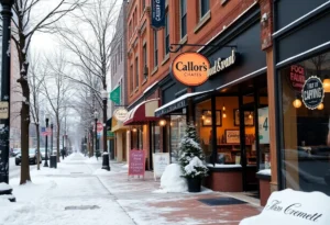 Snow-covered street in Charlotte with closed businesses