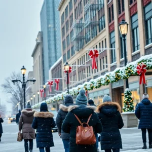 Snow-covered Charlotte street with people in winter gear