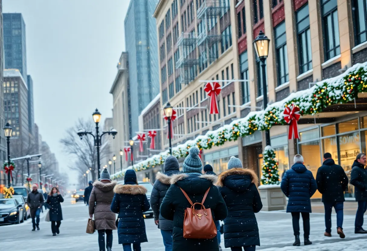 Snow-covered Charlotte street with people in winter gear