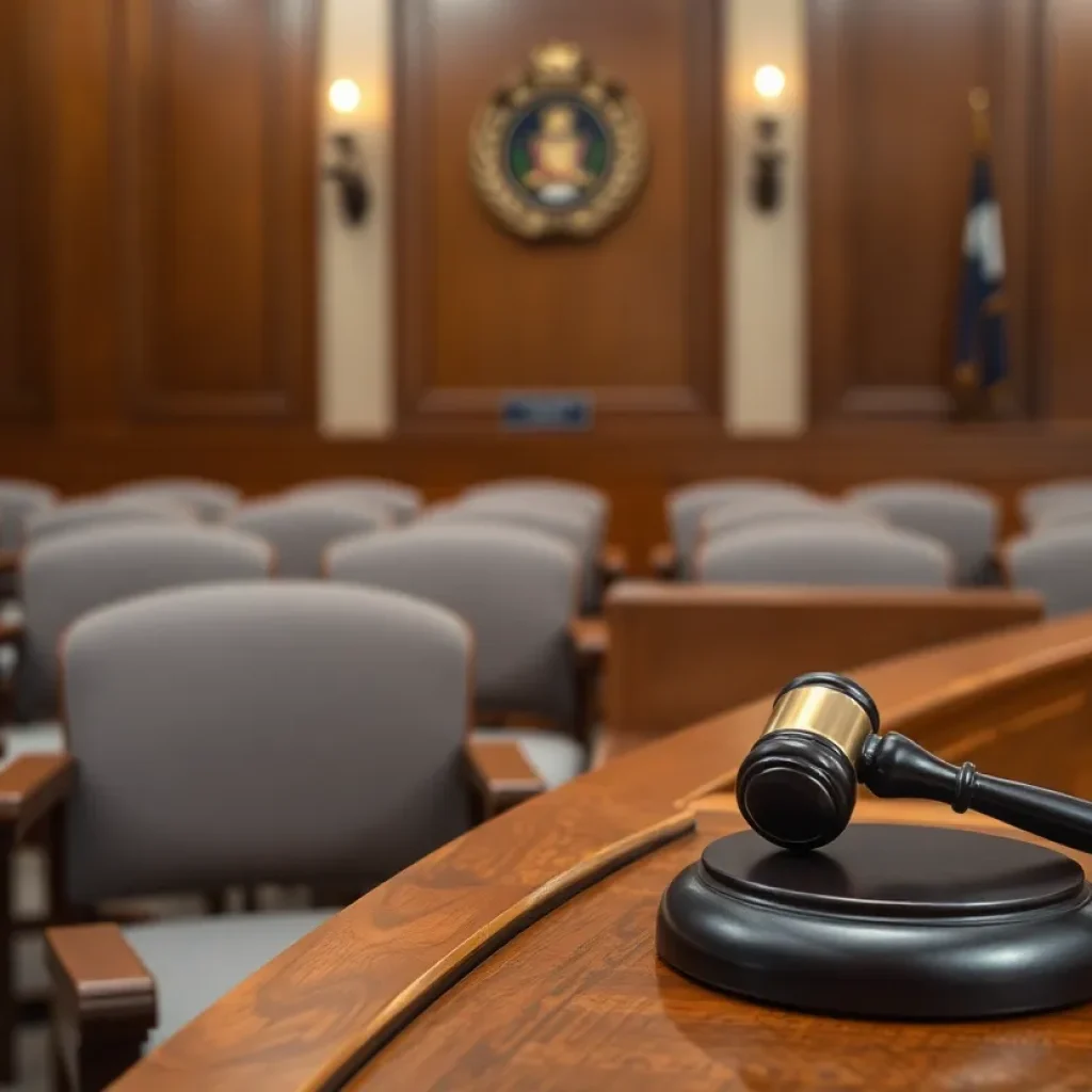 A courtroom with empty chairs and a gavel, symbolizing the emotional toll of caregiving.