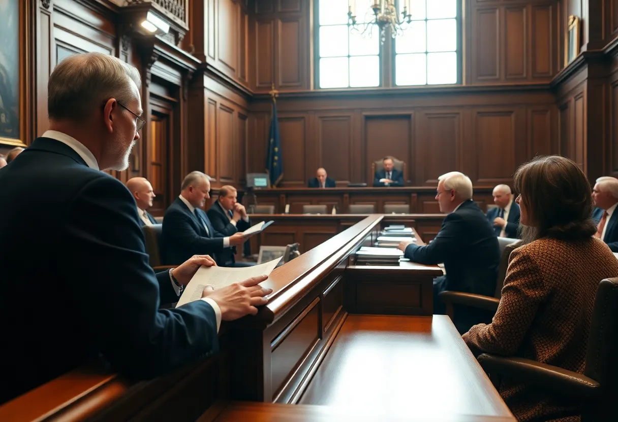 Courtroom scene showing judges discussing election issues