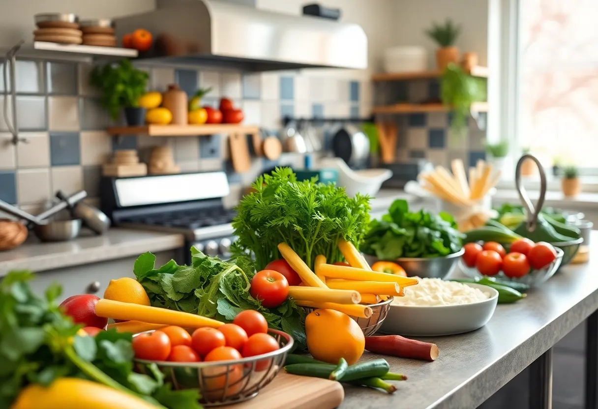 Freshly prepared colorful meals in a kitchen for mental health care