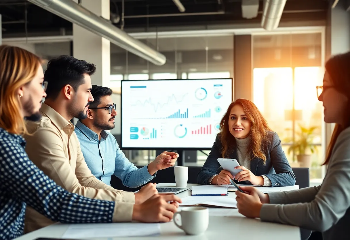 Marketers analyzing customer data in a modern office.