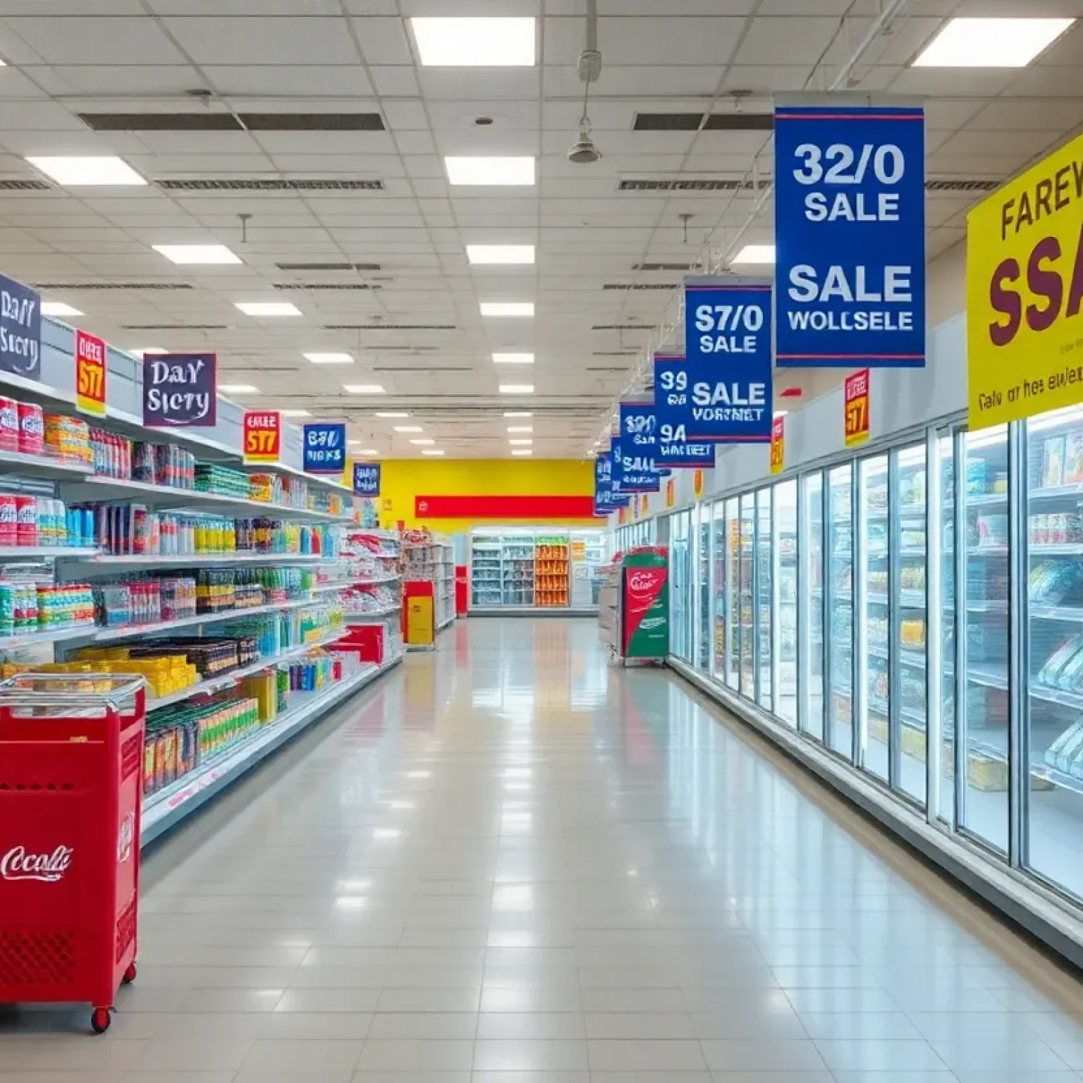 A grocery store aisle with sale signs indicating closure event.