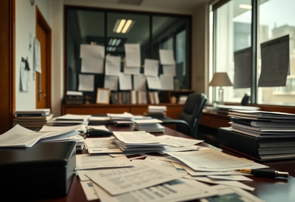 Office table with scattered financial papers symbolizing embezzlement