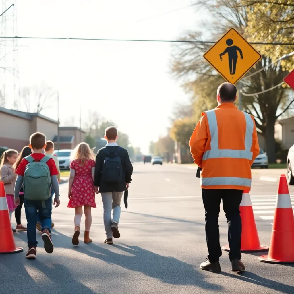 Traffic safety signage and crossing guards in a school zone.