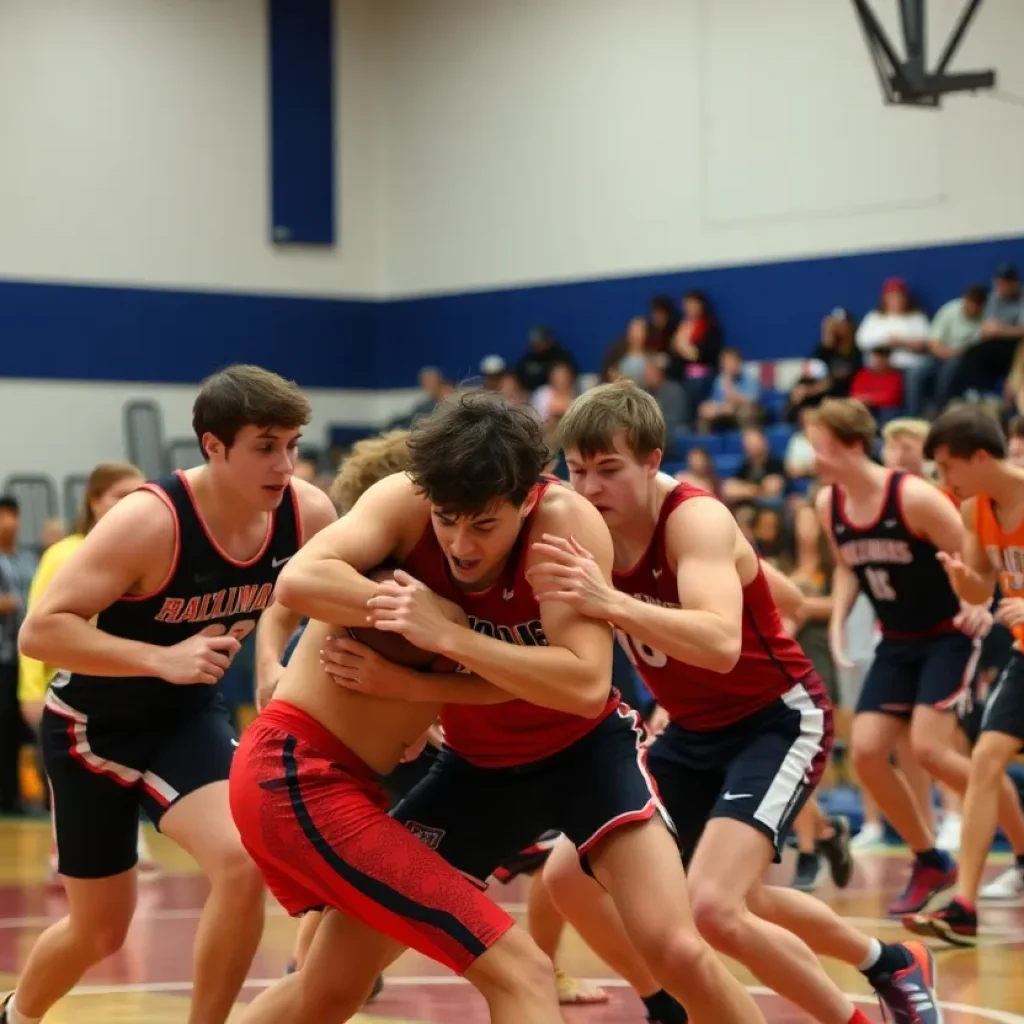 Wrestlers competing in a high school match at Goose Creek